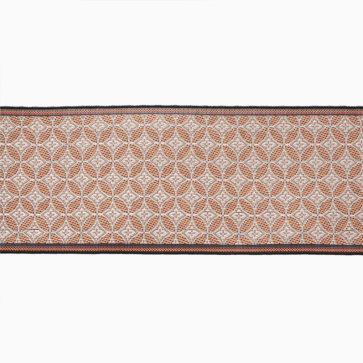 a repeating pattern of orange and white flowers or leaves on a black border.